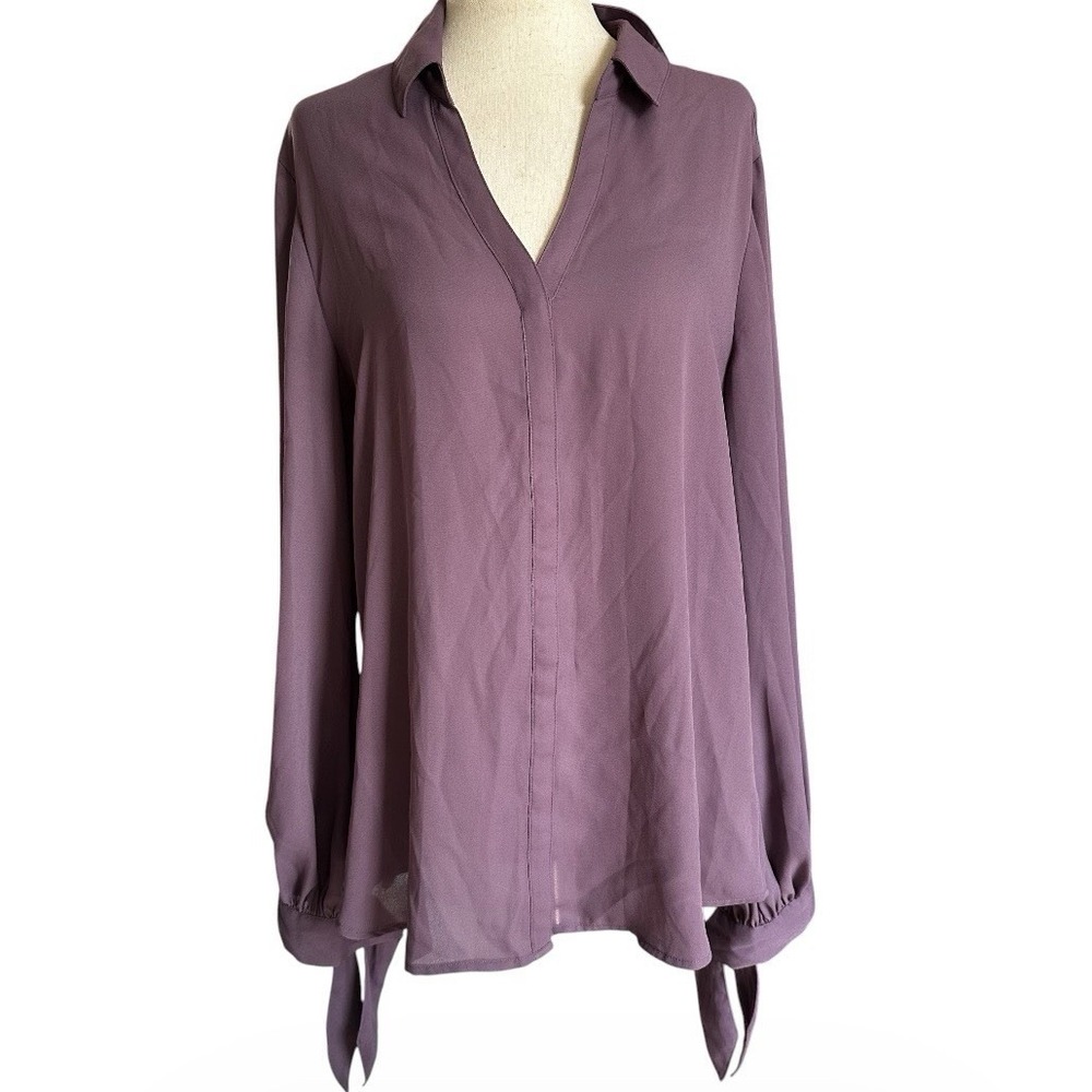 Express Purple Solid Tie Bow Sleeve Portofino Shirt Women Size Large | 39-1-1